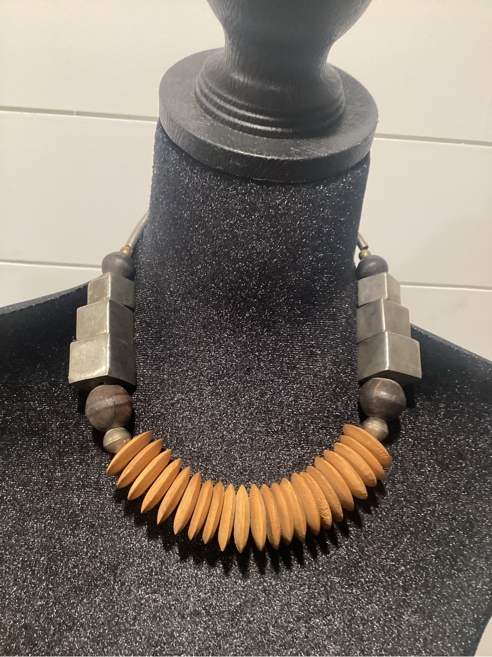 Handmade Brown Wood and Metal Statement Necklace